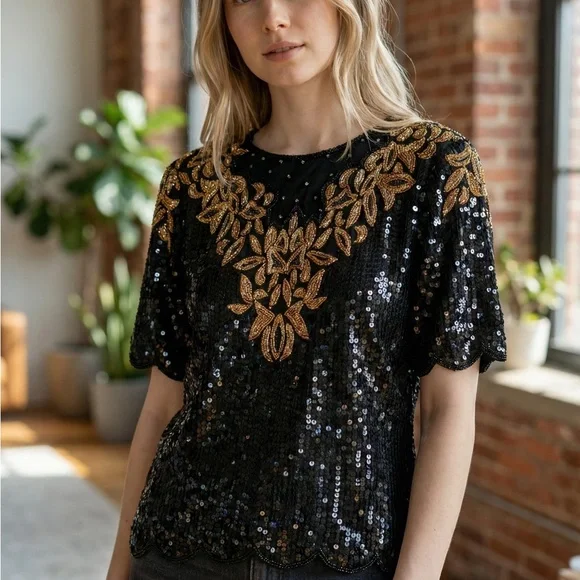 Vintage Silk Elegant Black and Gold Sequin Blouse - Picture 5 of 9